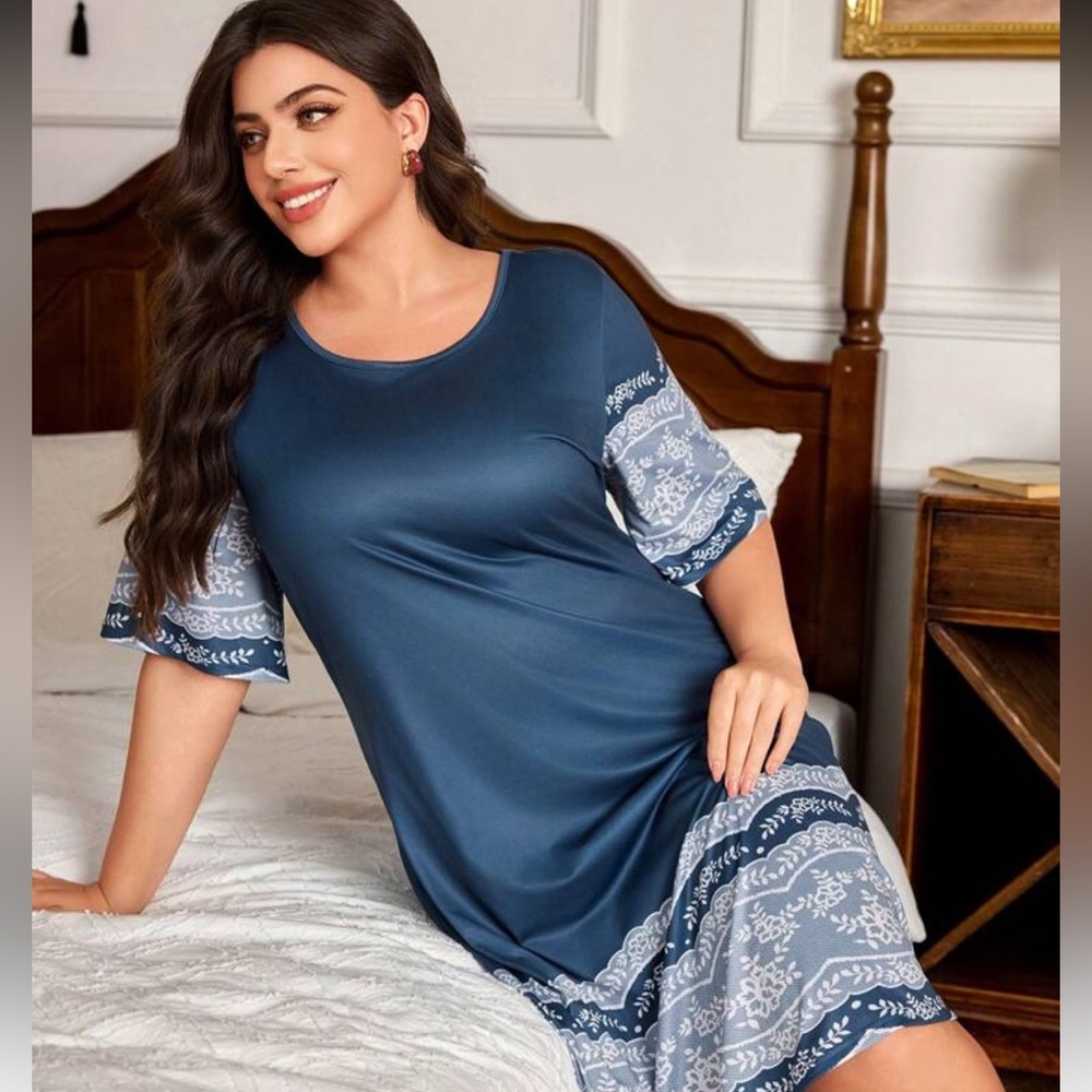 Elegant Blue Nightgown with Lace Trim